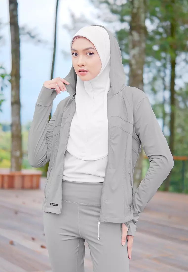 Zelena - Clemen Hoodie Fit | Jaket Olahraga Wanita Slim Fit Anti UV Gym Yoga Pilates - Stone Grey