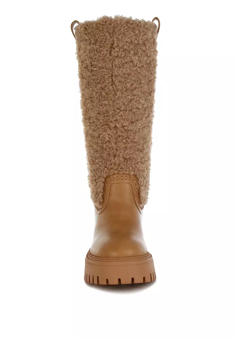 Fur Detail Calf Length Boots in Beige