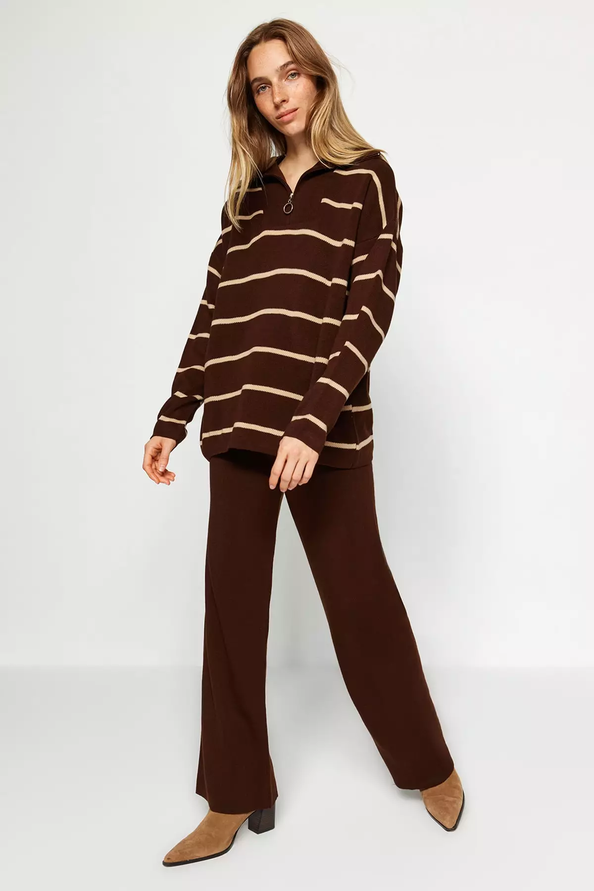 Half Zipper Knitted Top and Bottom Set