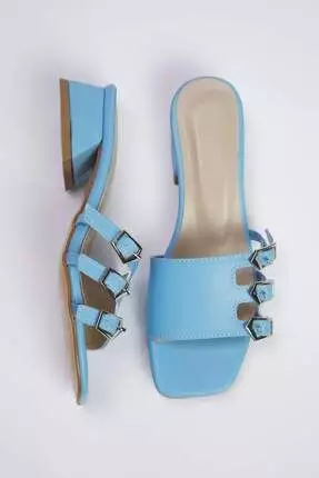Baby Blue Gold Buckle Block Heel Women Heels Slippers Takss25To00036