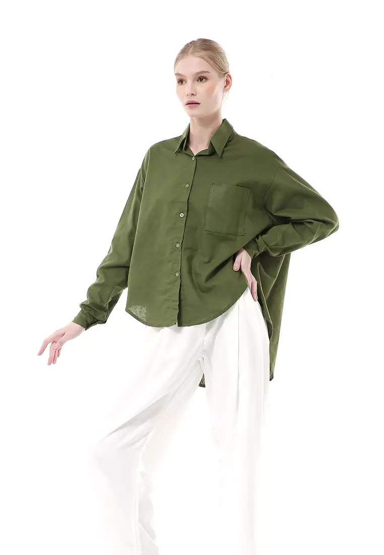 Nandira Kemeja Atasan Wanita Oversize Motif Polos Long Sleeve - Olive