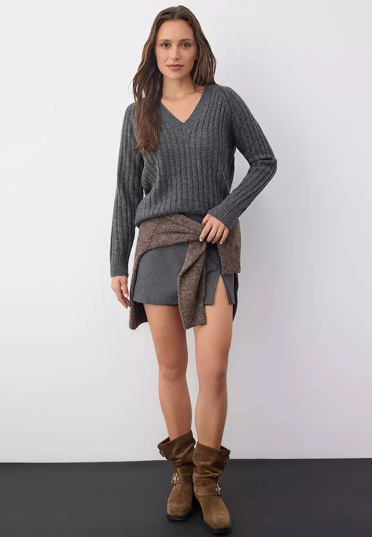 Wardrobe Essentials Anthracite Soft Textured Ribbed Knit Sweater