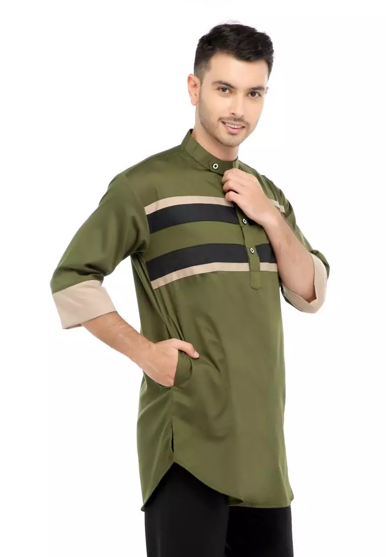 Baju Koko Gamis Muslim Pria Mauza - Hijau Army