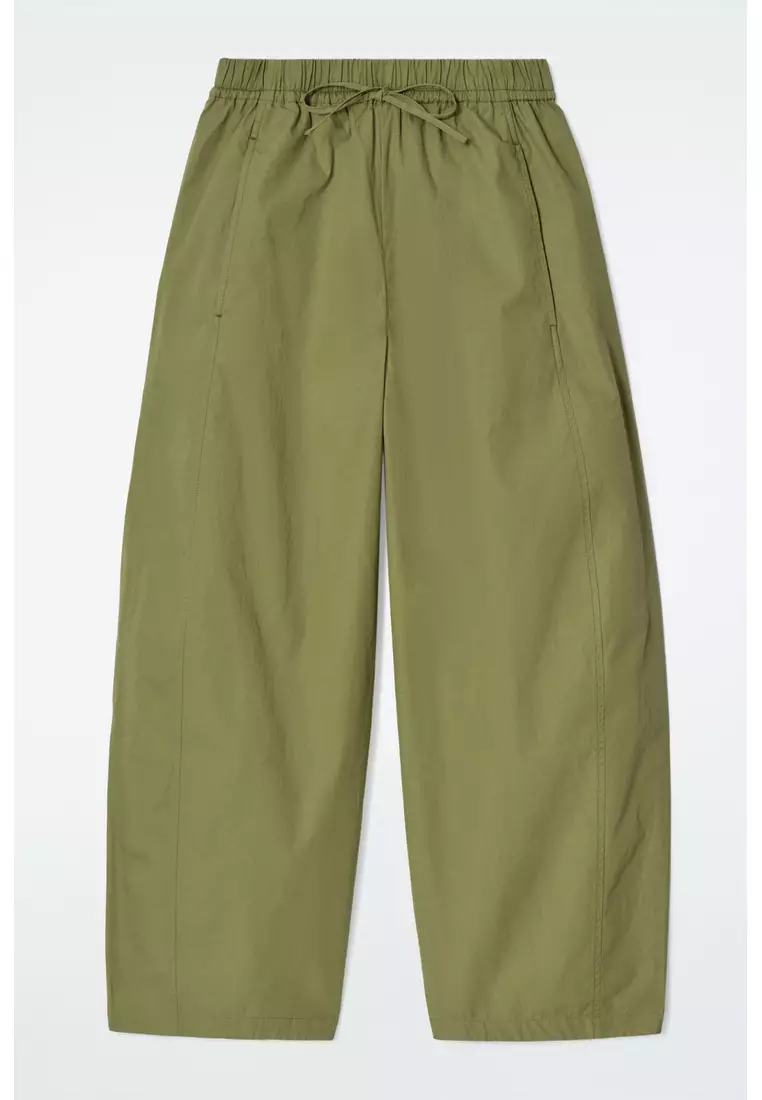 ELASTICATED BARREL-LEG TROUSERS