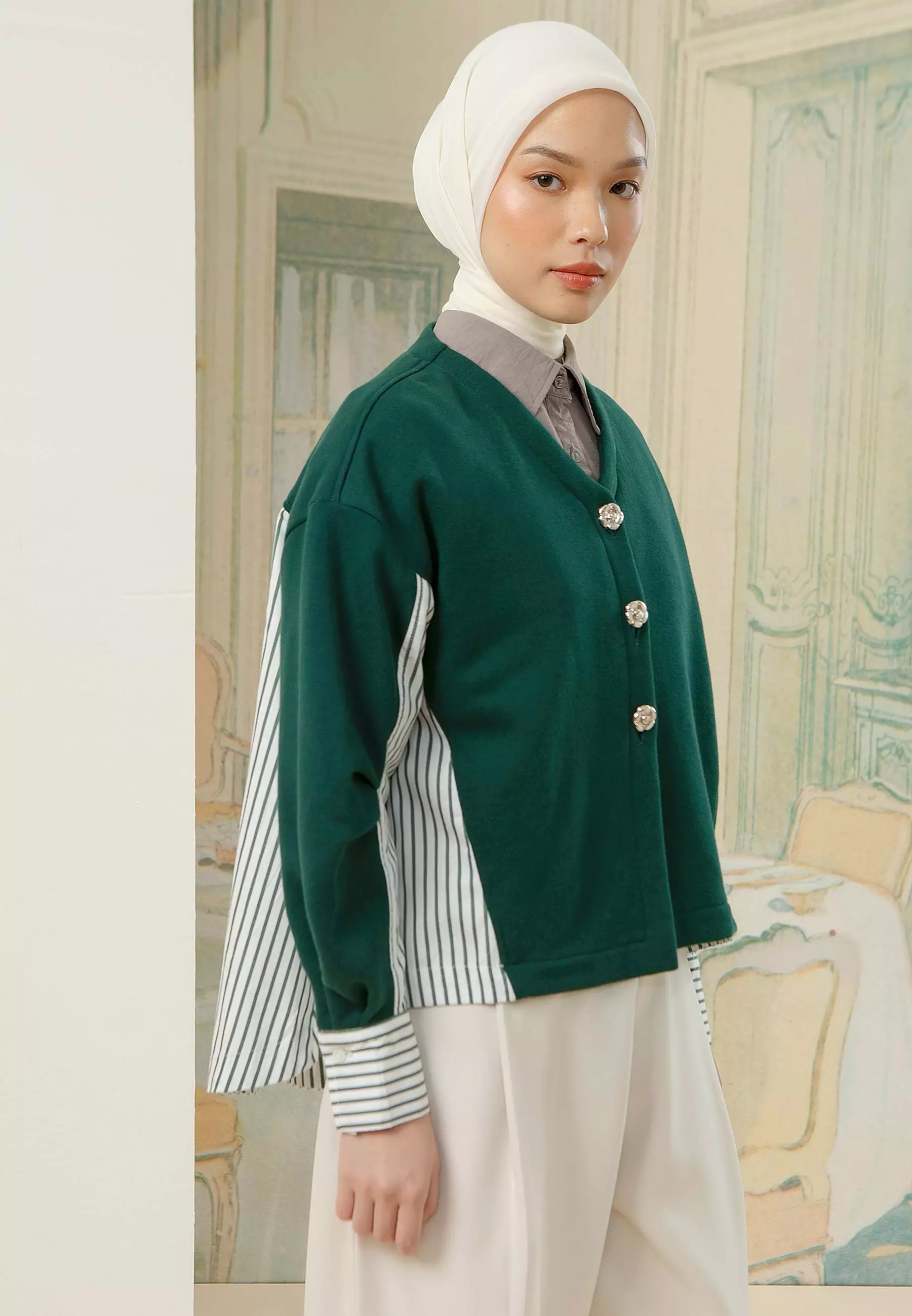 HijabChic Fleur Emerald Outerwear - Outer Katun Knit Premium Lembut Kombinasi Stripe Kasual Special Button