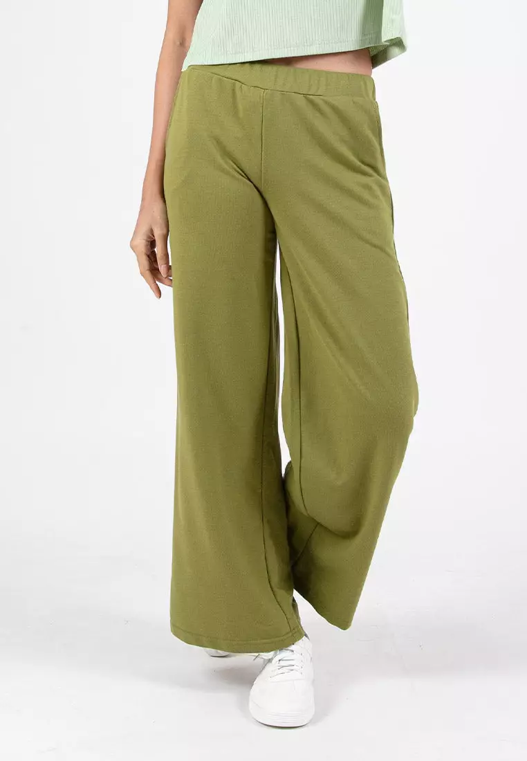 Forest Ladies Cotton Terry Wide Leg Pants Women Casual Long Pants - 810544-48Olive