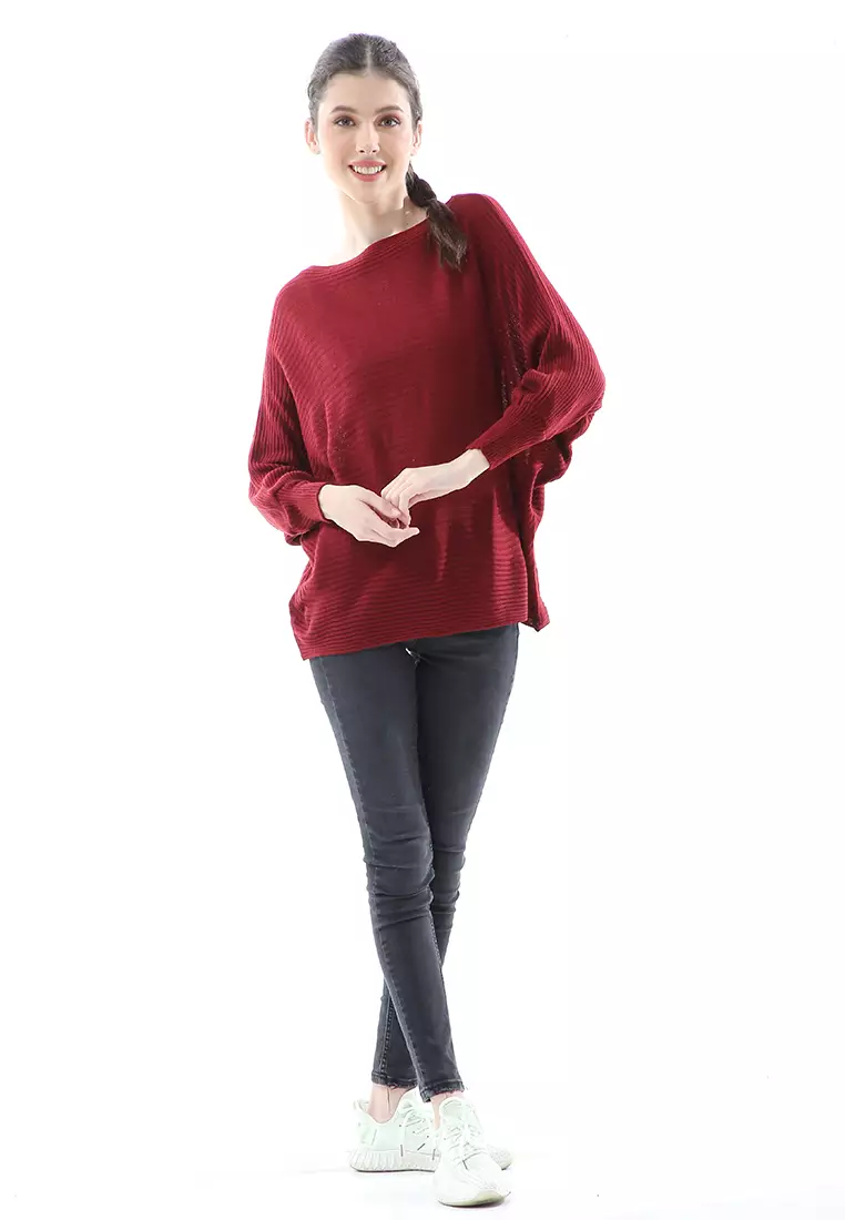 Eveline Sweater Rajut Batwing Atasan Wanita Motif Polos High Quality - Maroon