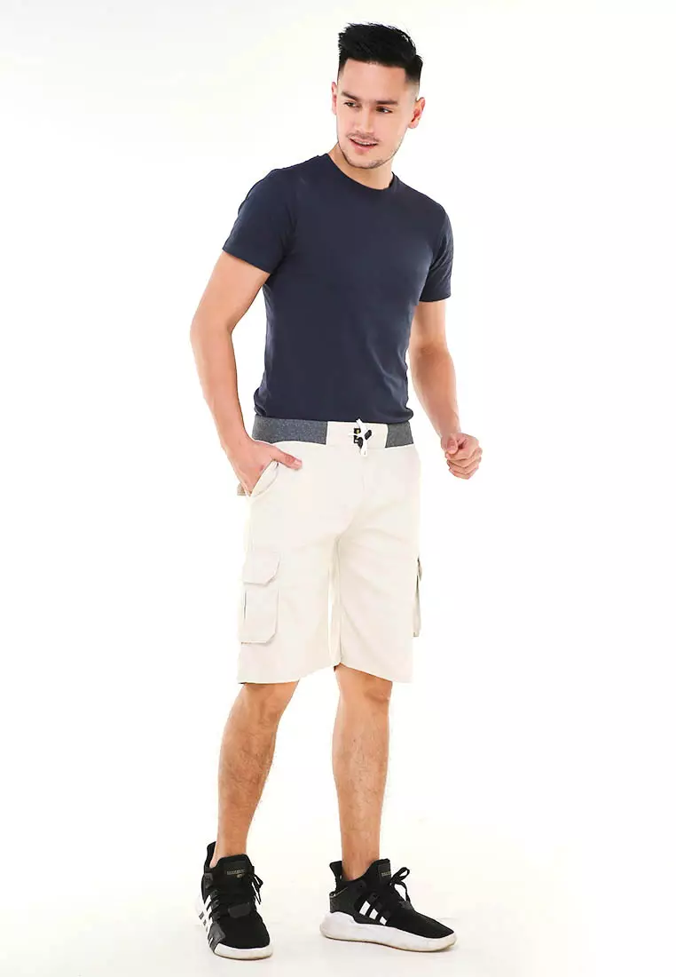 Rishham Celana Pendek Cargo Pria Button Pockets Sporty Short Pants Material Cotton ORIGINAL - Cream