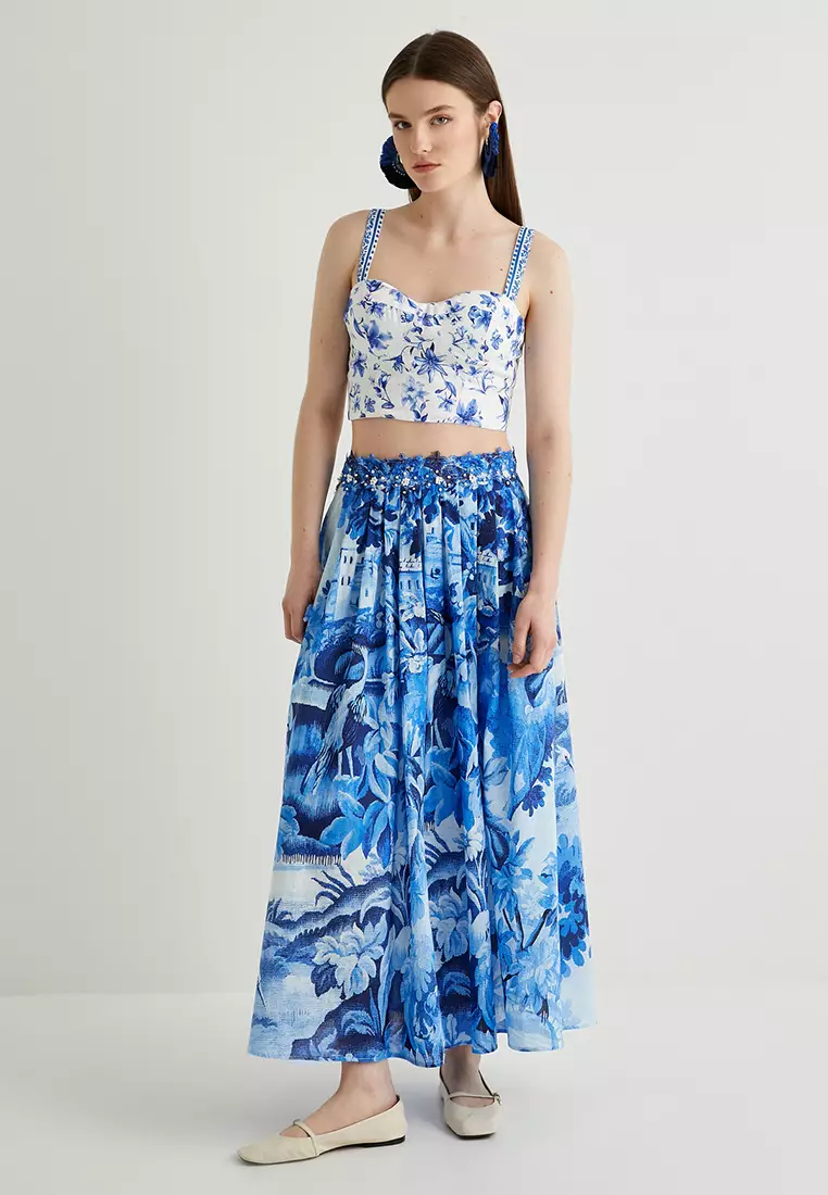 Long Linen Skirt Pleated Floral Pattern Slit and Comfortable Fit