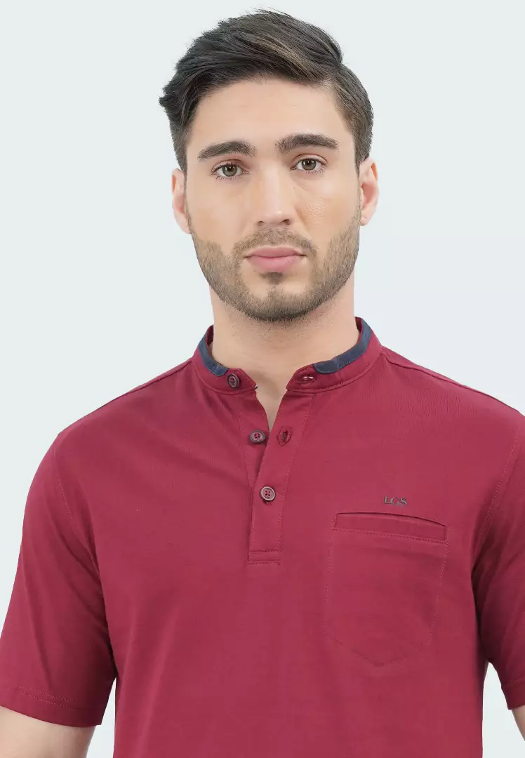 LGS - Kaos Casual Pria - Lengan Pendek - Motif Kerah Shanghai - T-Shirt Henly - Kancing Dada - Reguler Fit - Merah Maroon - CPS.221.C3504.01.C