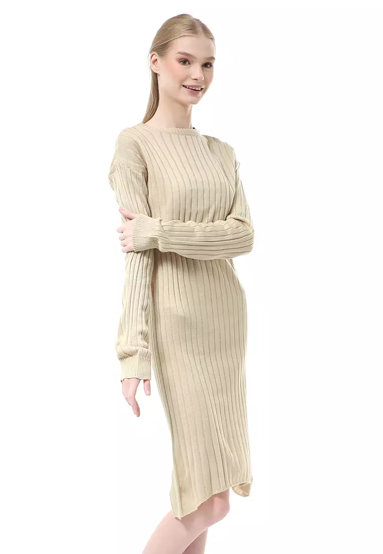 Adela Dress Rajut Tunik Wanita Motif Polos Long Sleeve Relaxed Fit - Cream