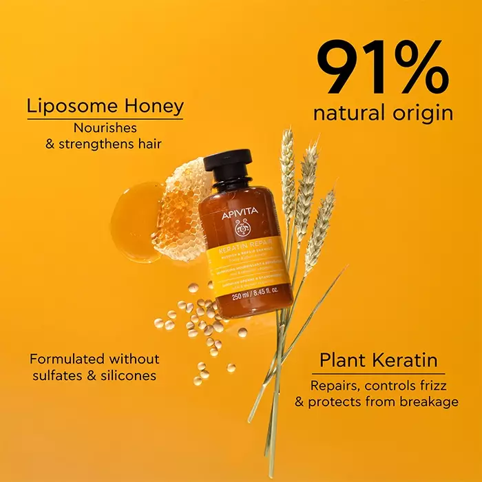 Apivita Keratin Repair Nourish & Repair Shampoo 250 ml | Sampo Natural Non SLS Untuk Rambut Rusak dan Kering Menutrisi Memperbaiki dan Mencegah Bercabang