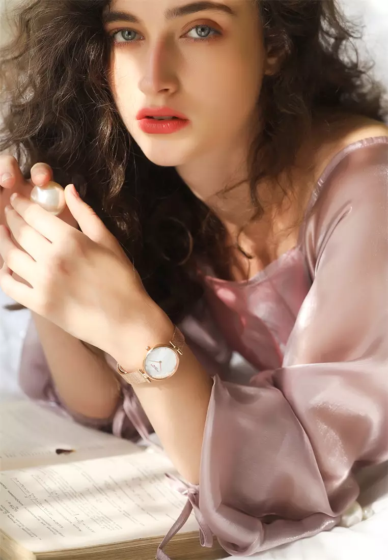 Pearl 30mm 女士手表 天然珍珠手表 玫瑰金不鏽鋼編織表帶 黃銅表殼-玫瑰金色