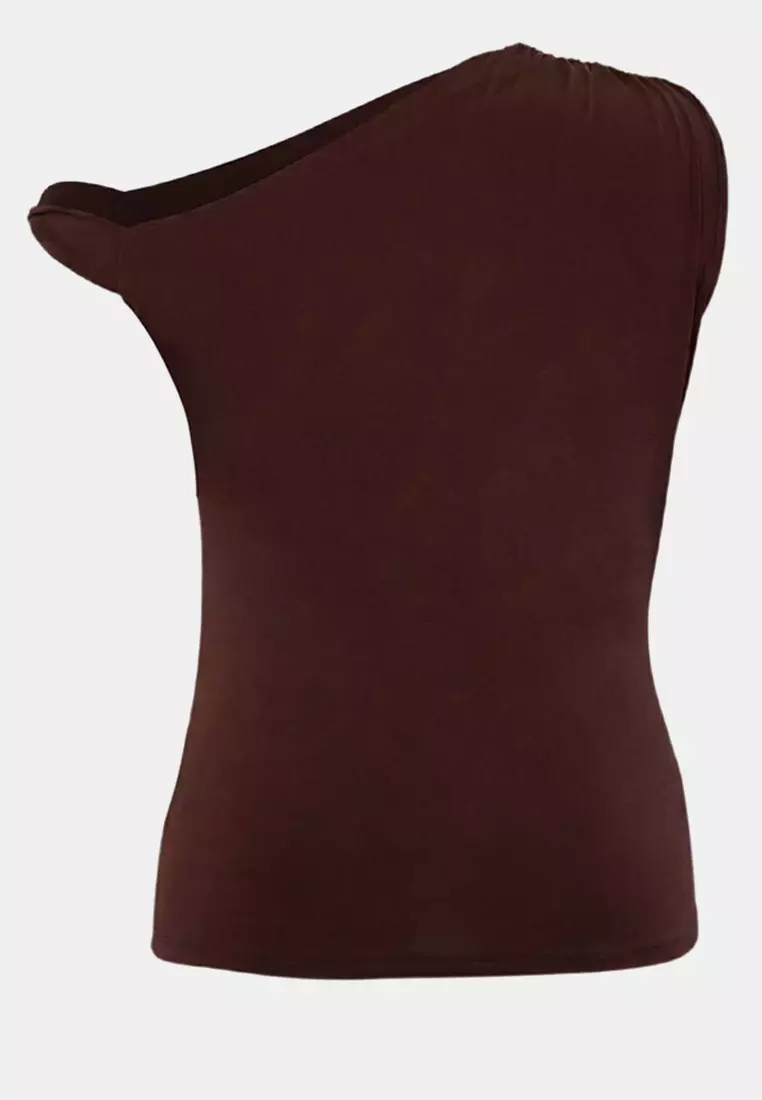 Brown Asymmetric Collar Sandy Knitted Plus Size Blouse Tbbss26Af00094