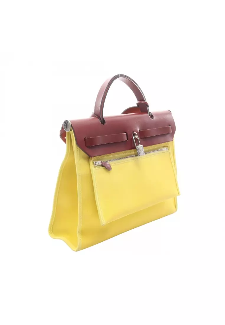 Pre-Loved Hermès herBag Zip PM lime Handbag Toile Officier vache hunter yellow Red brown silver hardware 2WAY X stamp