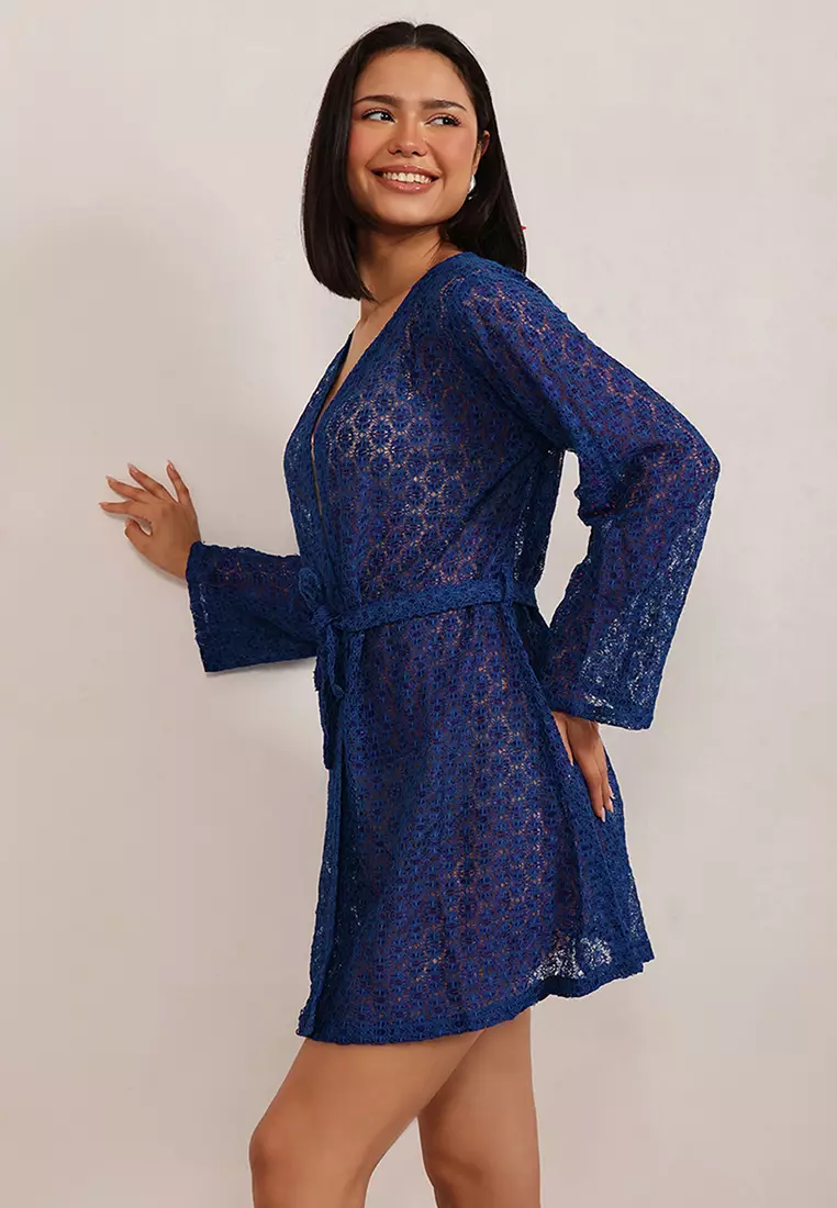 Clovia Chic Basic Sheer Robe in Royal Blue - Lace