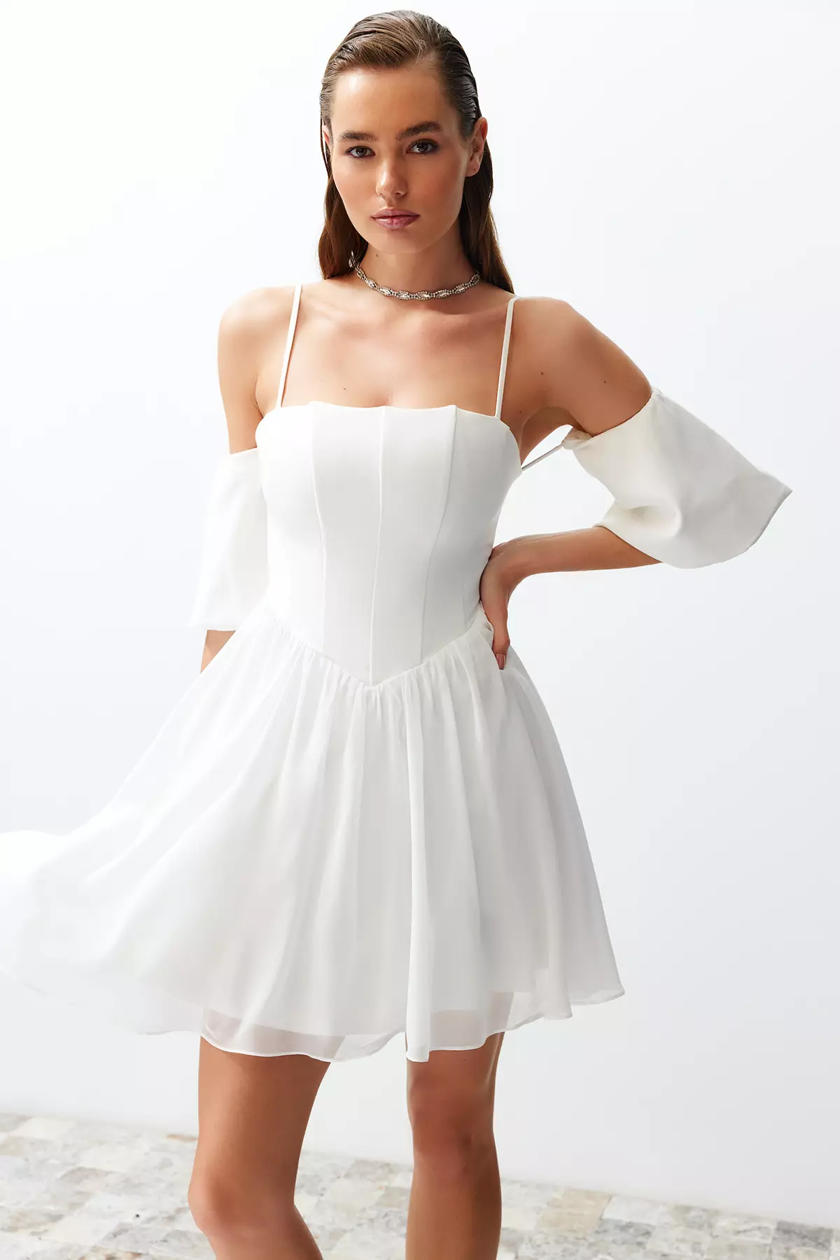 A-Cut Corset Detailed Short Elegant Evening Dress