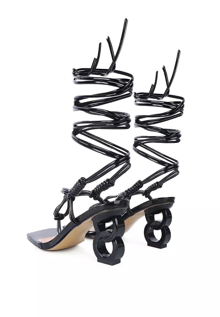Black Lace Up Thong Chain Heel Sandal