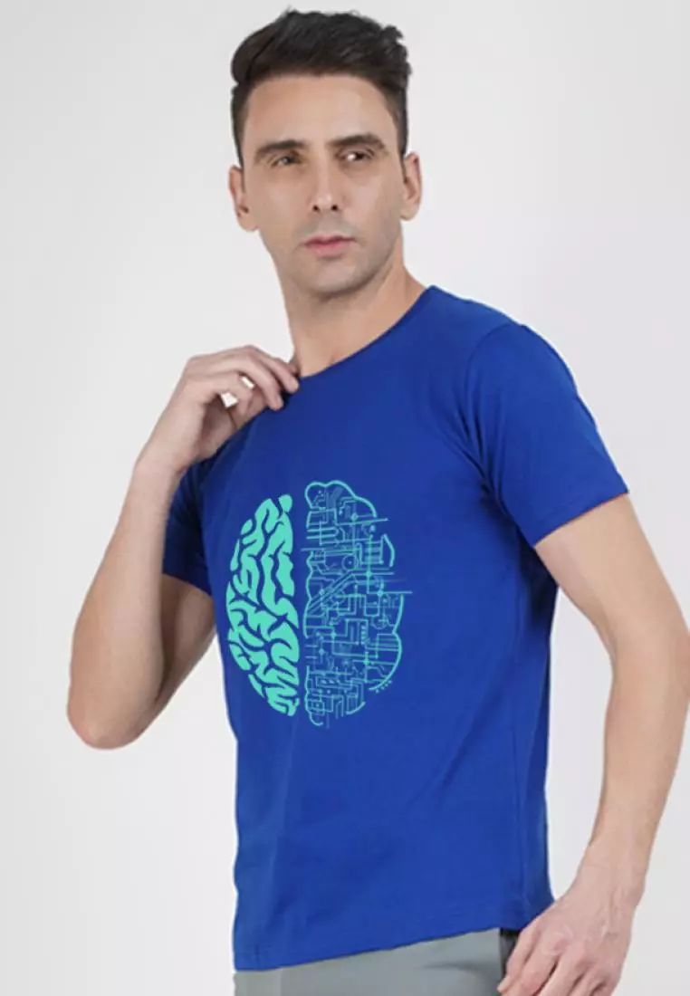 Electric Brain 图案蓝色棉质短袖宽松版型 T 恤