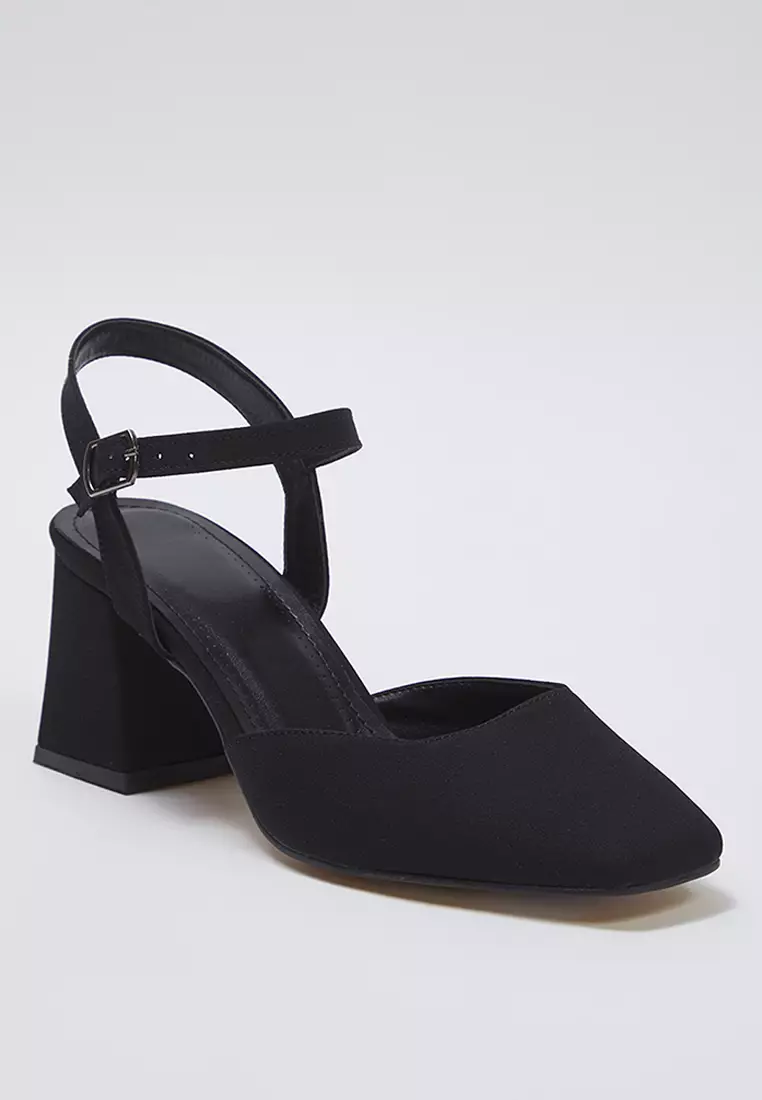 Black Ankle Strap Square Toe Women Block Heels Shoes Takss25To00052