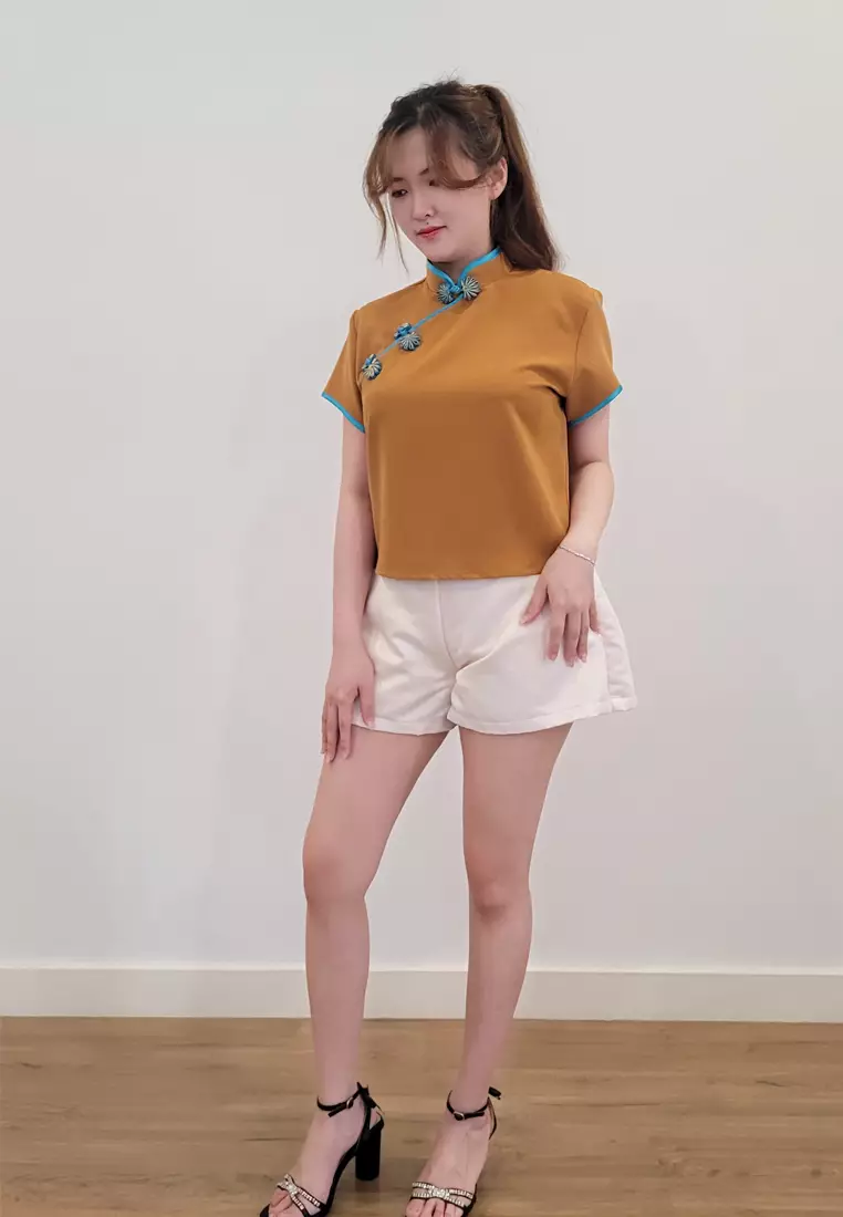 Ivory Cheongsam Cap Sleeves Top Gold