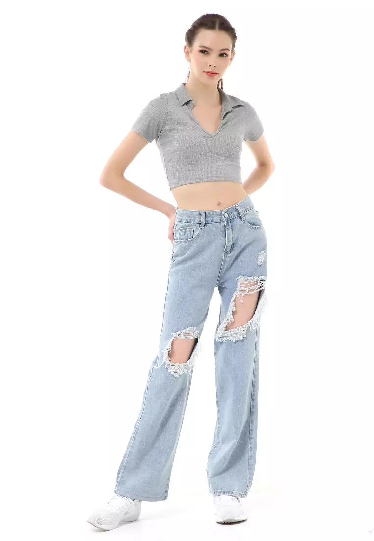 Stella Highwaist Baggy Ripped Jeans Wanita Long Pants Desain Sobek Material Denim ORIGINAL - Blue