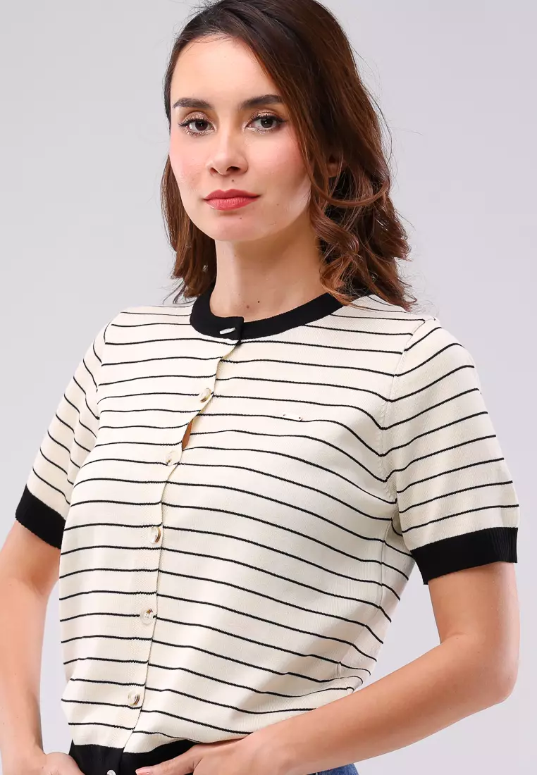 Knitted Stripes Short Sleeves Blouse