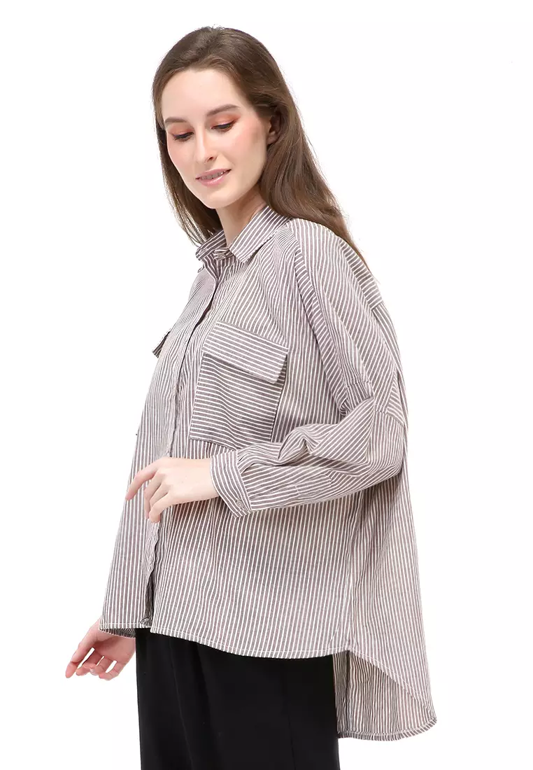 Dania Kemeja Long Sleeves Wanita Motif Bergaris Atasan Wanita Casual - Brown