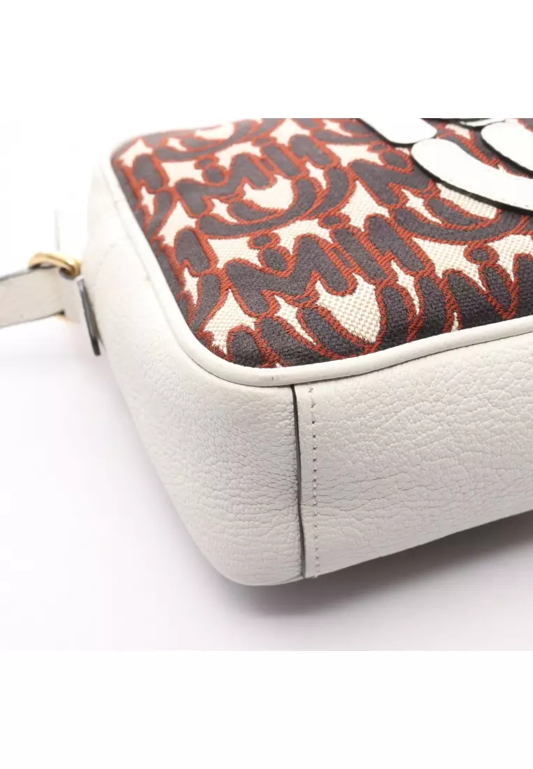 Pre-Loved MIU MIU logo jacquard Shoulder bag canvas leather off white black Brown