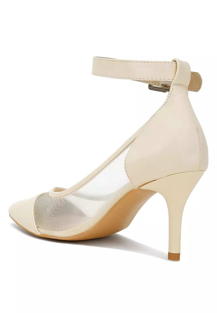 Beige Pointy Toe Ankle Strap Pumps