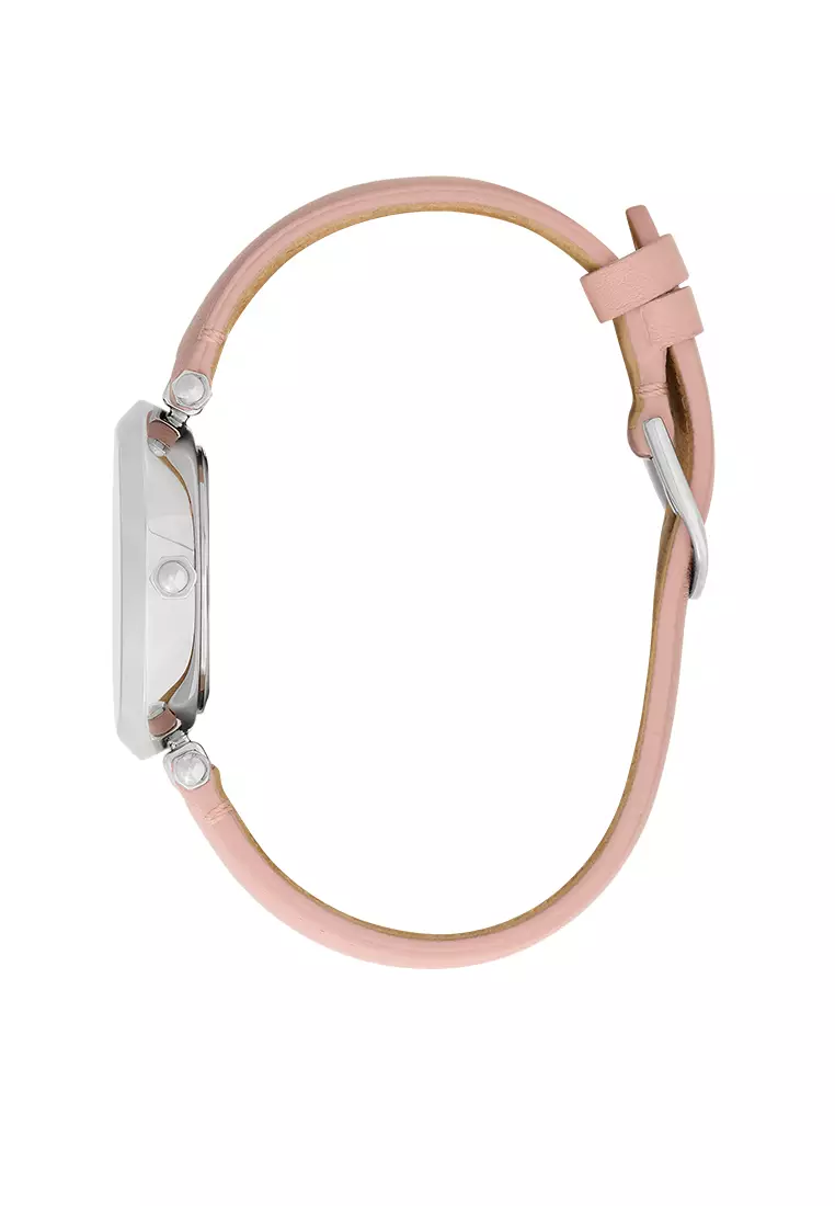 Olivia Burton 34mm Floral T-Bar Rose & Silver Leather Strap Watch - 24000046