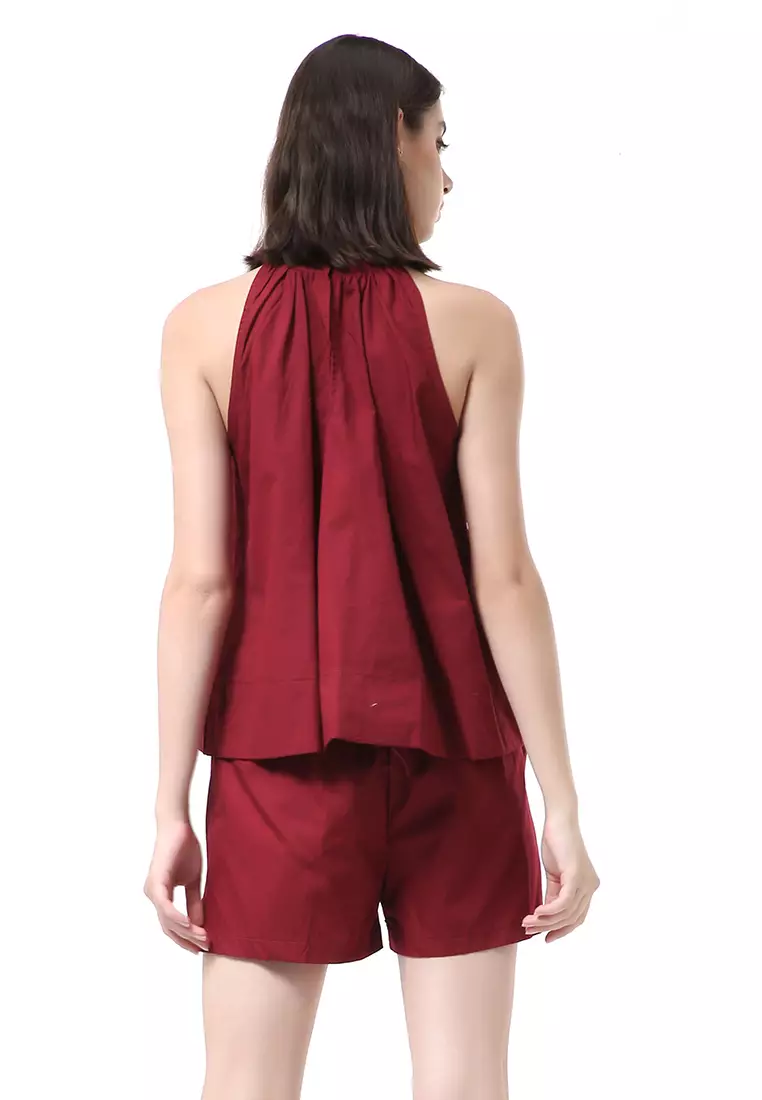 Nayra One Set Setelan Wanita Sleeveless Blouse with Short Pants Plain Motive Material Cotton ORIGINAL - Maroon