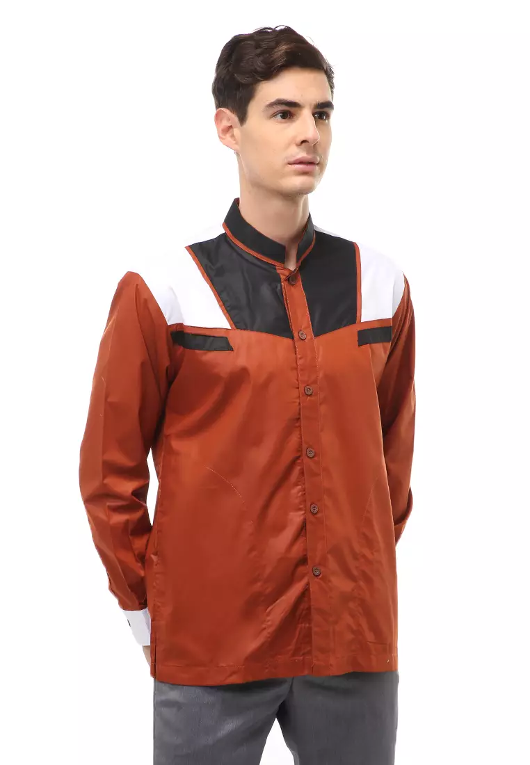Dwan Atasan Formal Pria Kemeja Koko Simple Design Long Sleeve Material Cotton ORIGINAL - Orange