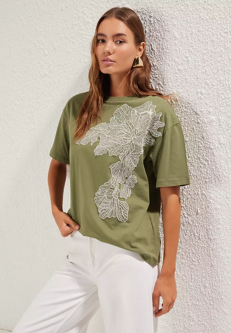 Khaki Accessory Detailed Oversize/Wide Pattern Knitted T-Shirt