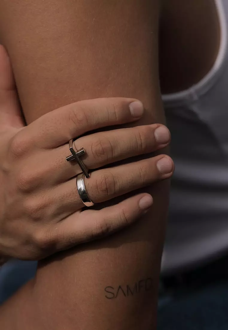 Men's Silver Upright Cross Band Ring