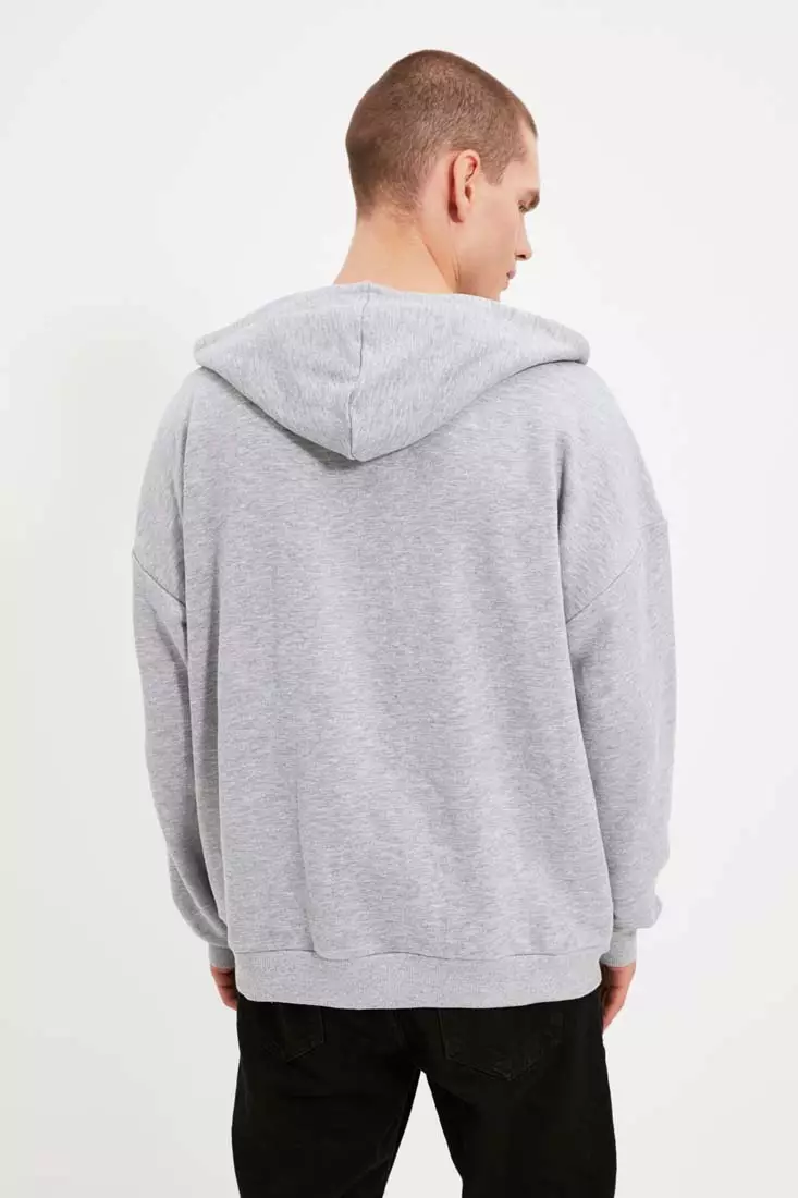 Gray Men's Basic Oversize Fit Zippered Hooded Thick Sweatshirt-cardigan