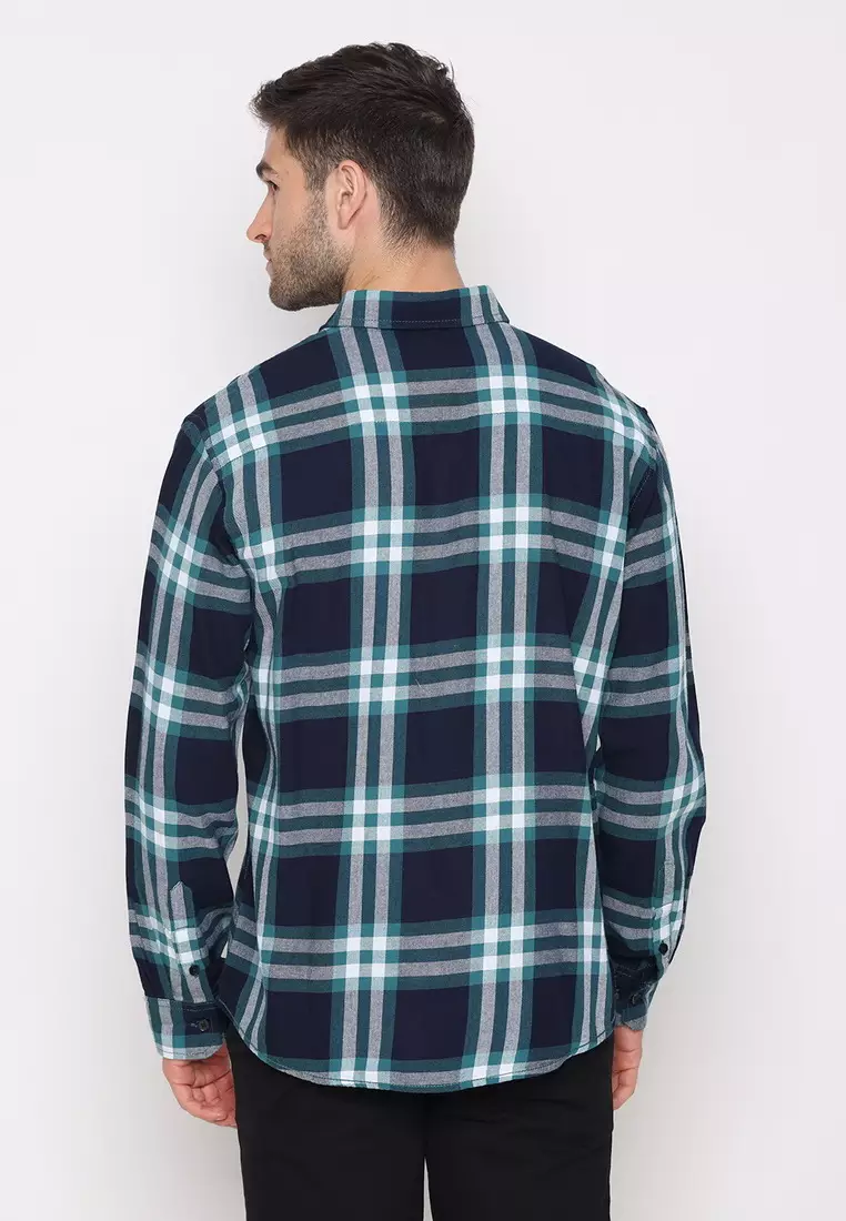 POLICE Kemeja Kotak Twill Hijau Regular Fit Lengan Panjang Pria