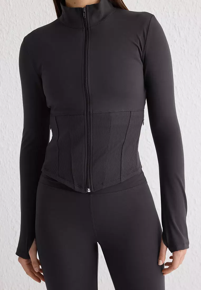 Anthracite Brushed Soft Fabric Thumb Hole Knitted Sports Jacket/Sweatshirt THMAW25SK00001
