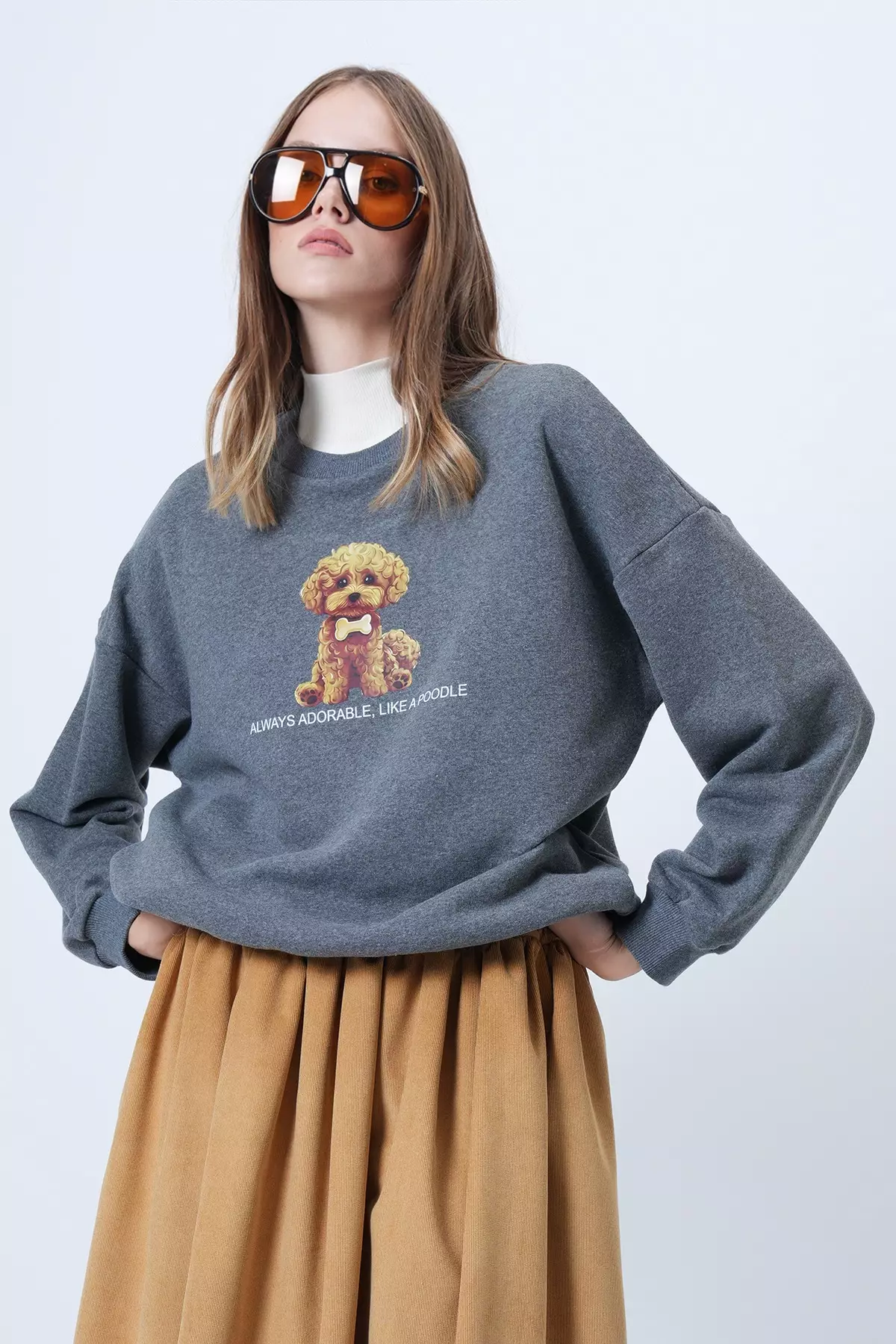 Women'S Anthracite Front Printed Oversize Cotton Sweatshirt Alc-X14651