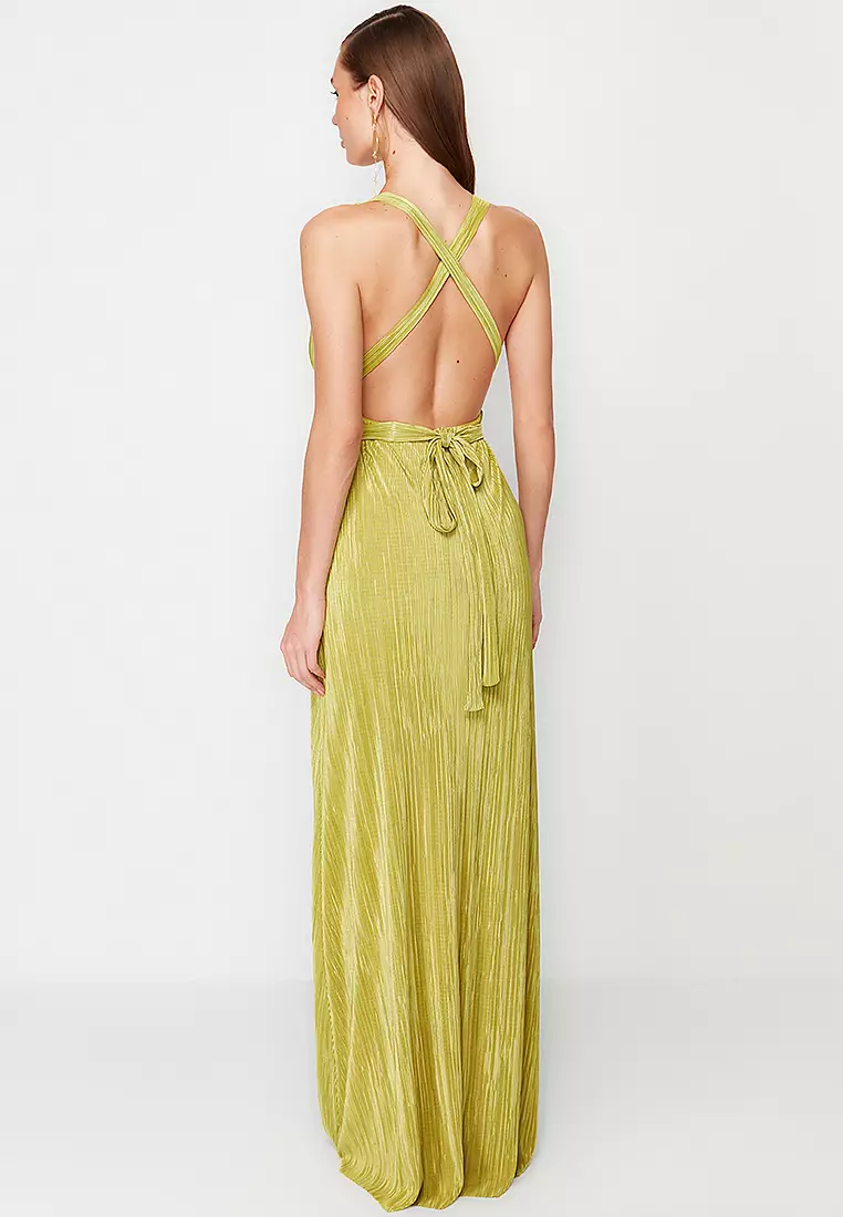 A-Cut Belted Lined Long Elegant Evening Dress