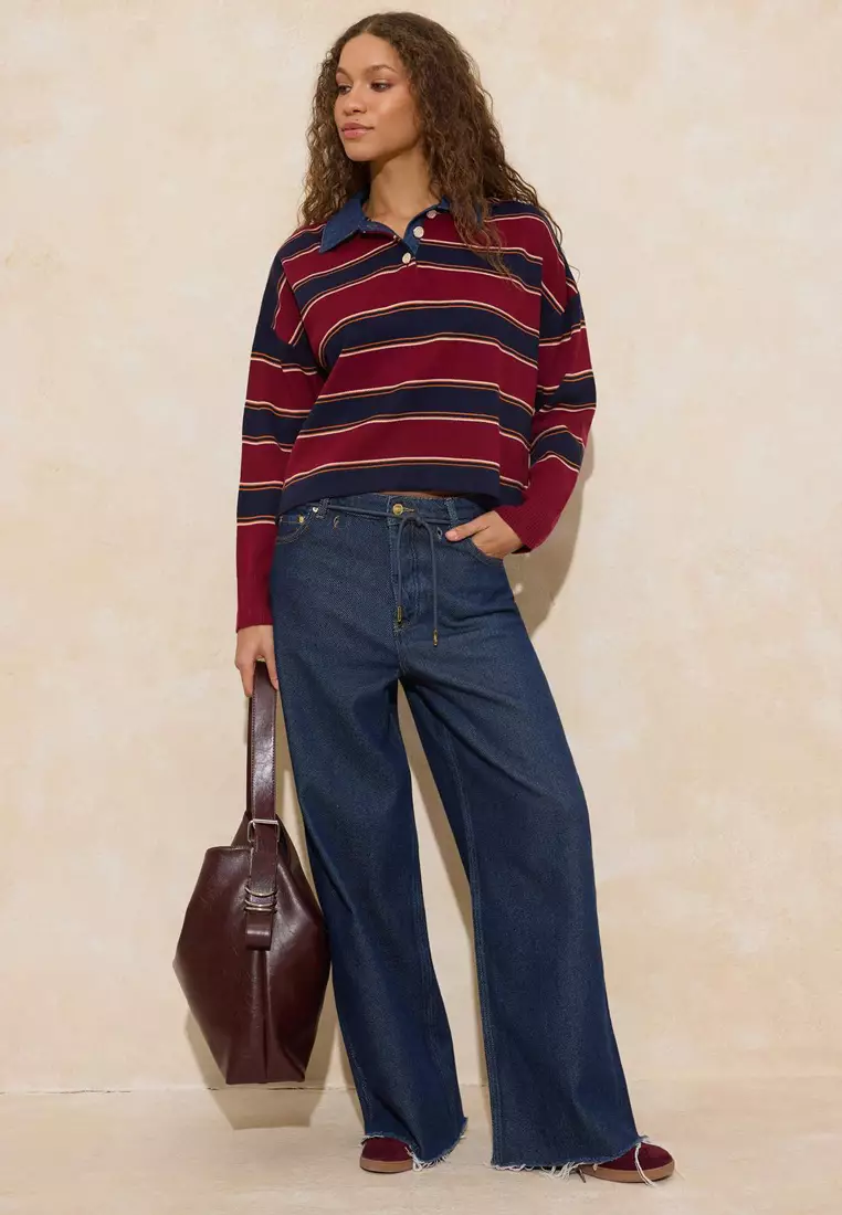 Multi-Colored Striped Denim Paneled Polo Collar Knitwear Sweater Twoaw26Kz283