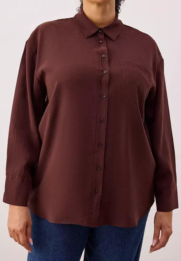 More Sustainable Brown Modal Soft Tuşe Woven Plus Size Shirt Tbbss25Ax00004