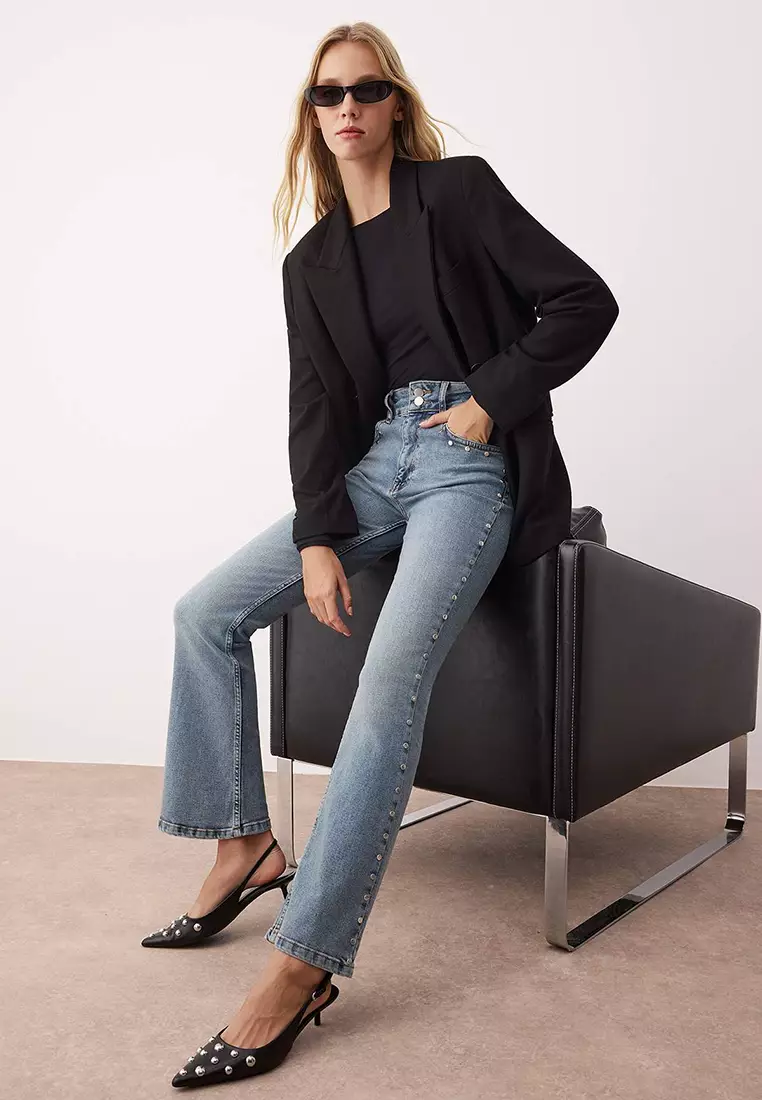 Blue Stone Detailed High Waist Flare Jeans Twoaw26Je00035