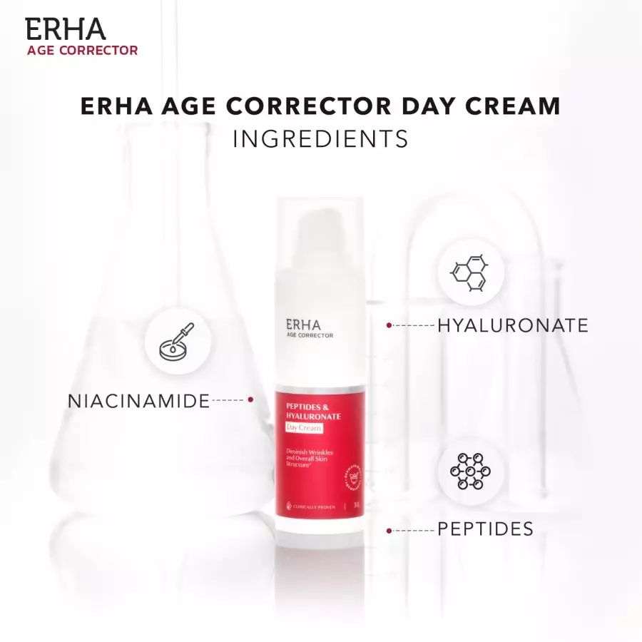 ERHA Age Corrector Peptides & Hyaluronate Day Cream 30g - Pelembap Pagi Anti Aging | Melembabkan | Mencerahkan | Melindungi | Meratakan Warna Kulit | Samarkan Garis Halus Keriput Kerutan | Moisturizer | Anti Penuaan | Pelembab
