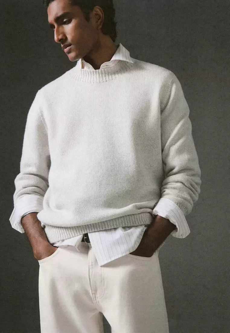 Ribbed-Neck Wool-Blend Sweater