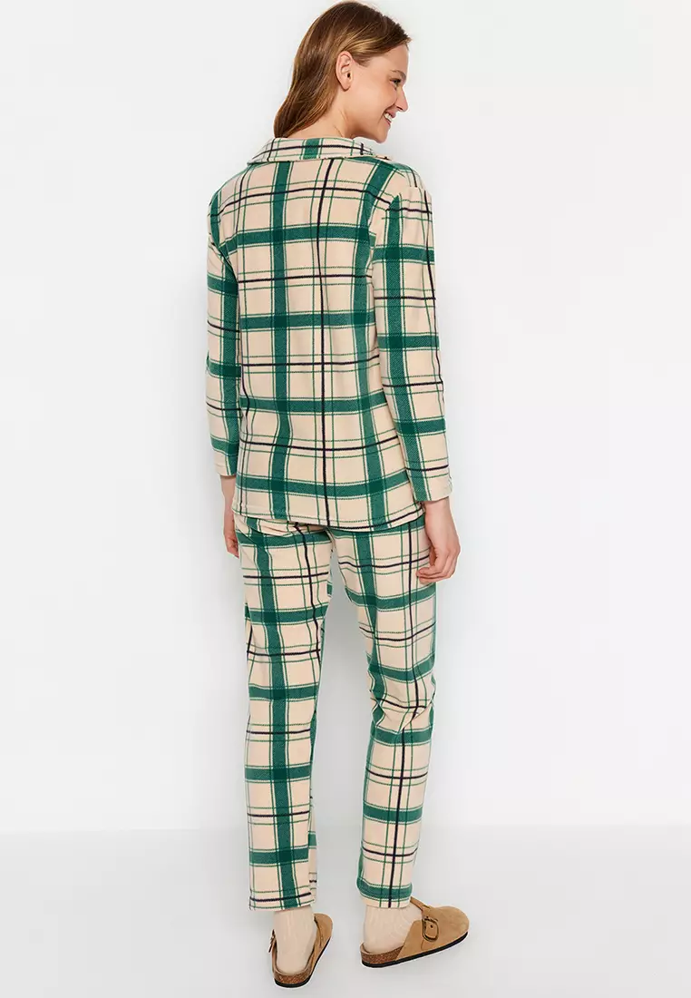 Green Embroidered Plaid Polar Fleece Winter Knitted Pajama Set THMAW24PT00175