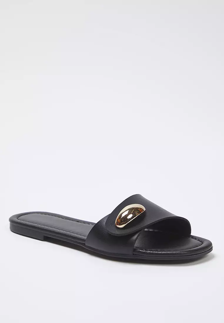 Black Metal Decorated Women's Stylish Slippers Takss25Te00041