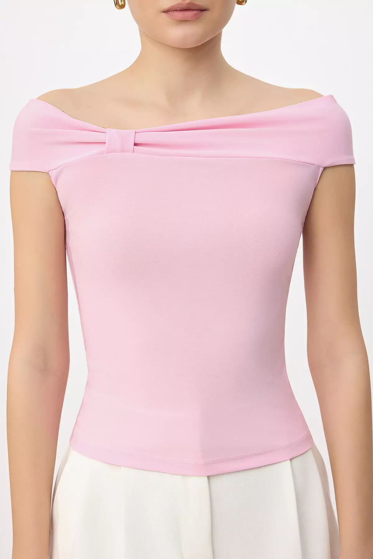 Pink Carmen Collar Bodycon Stretchy Crop Knitted Madonna Collar Blouse Twoss24Bz368