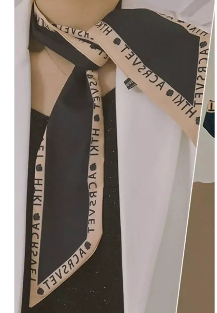 Aksesoris Wanita Text Border Twilly Skinny Multi purpose Scarf Wanita Black & Beige