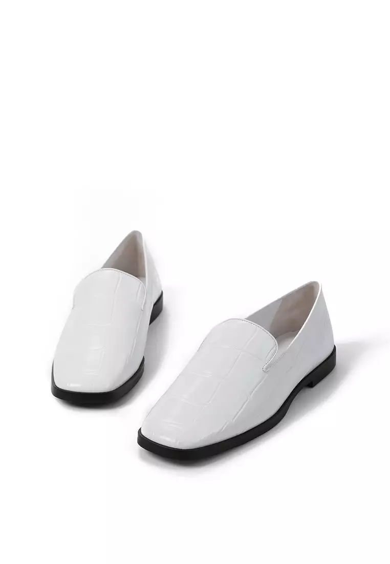 BERACAMY Slip On Loafers Croc Embossed White